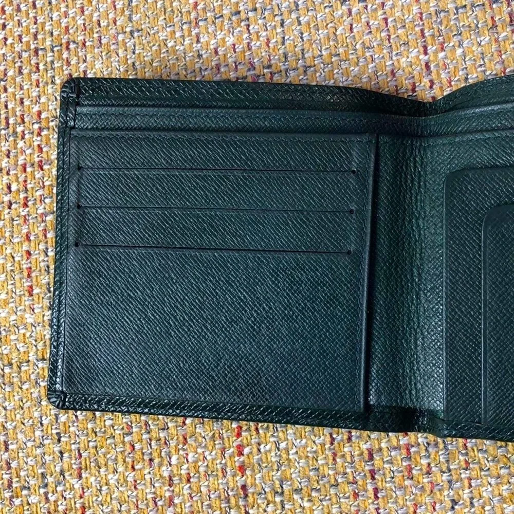 LOUIS VUITTON Green Taiga Leather Bifold Wallet Vintage